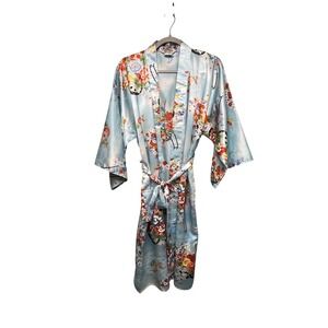 Ichiban Japan Kimono Robe Blue Floral Print Polyester Size 42 (Large) VTG Blue